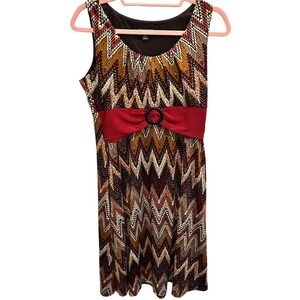 Perceptions New York Brown‎ Chevron Sleeveless Dress Red Belt - M